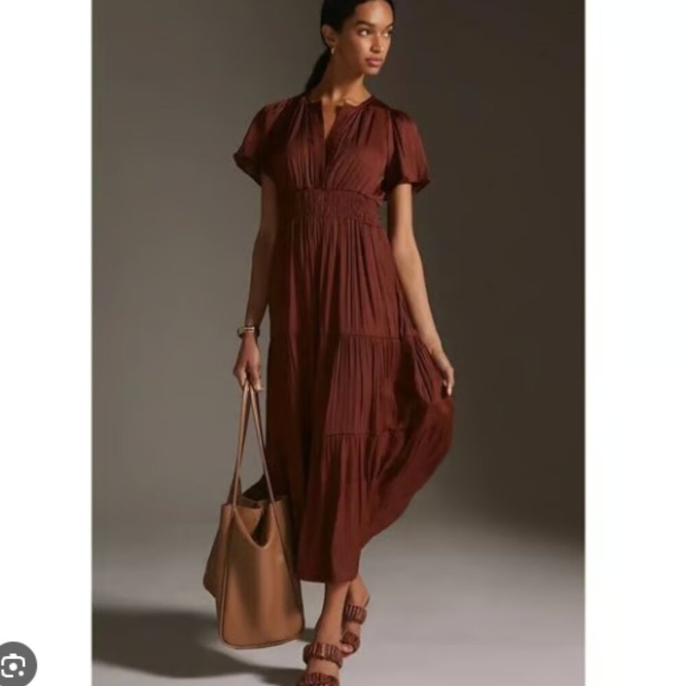 Anthropologie Brown Satin Somerset Dress